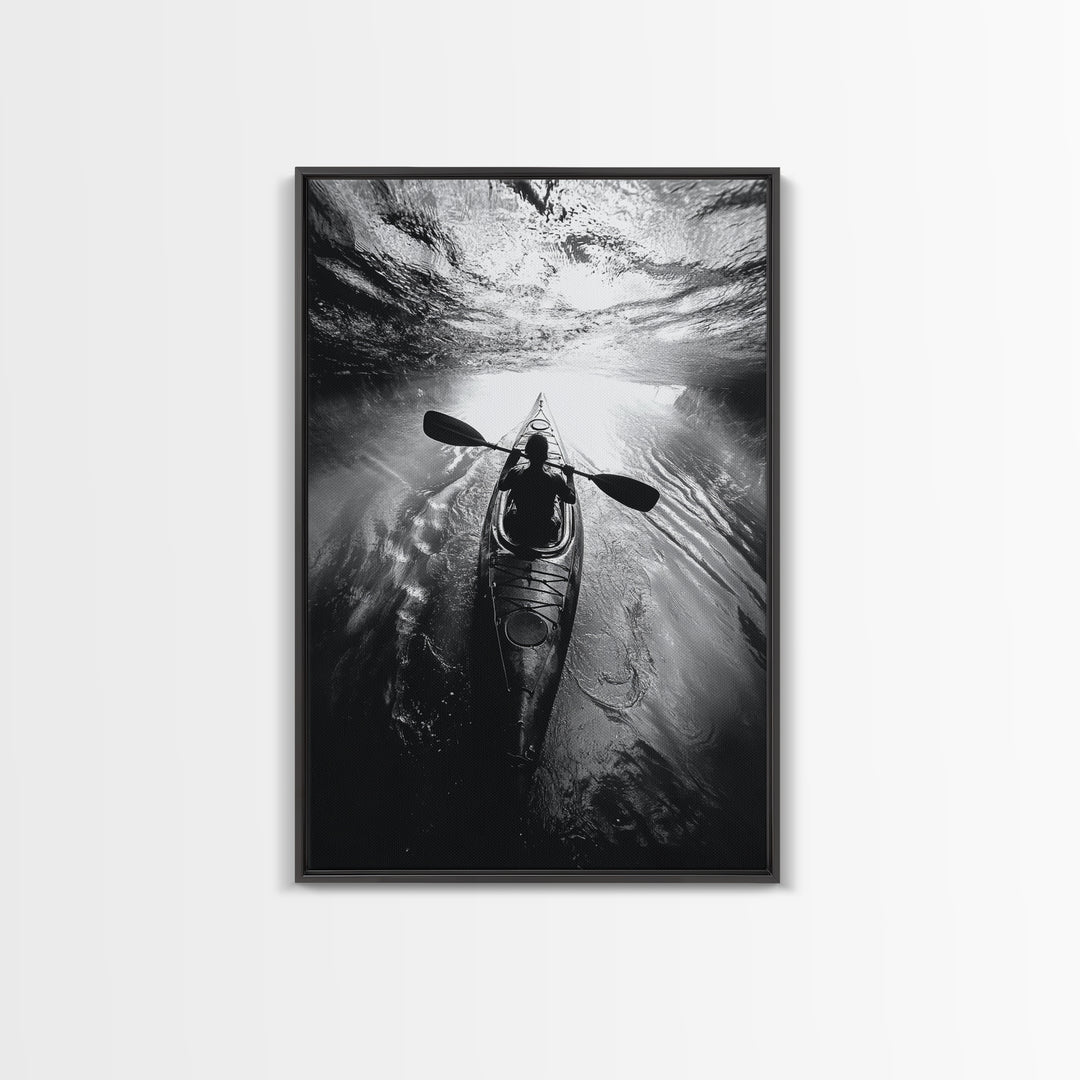 Kayaking Exploration, River Reflections, Adventure Sport, Framed Canvas Print, Office Wall Art, Moody Travel Photography, Nature Wall Decor