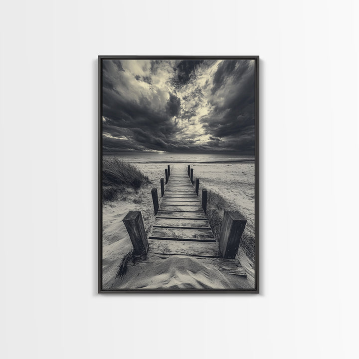 Stormy Beach Dock, Dramatic Skies, Coastal Mood, Framed Canvas Print, Fall Wall Art, Entryway Decor, Moody Seascape, Rustic Coastal Home