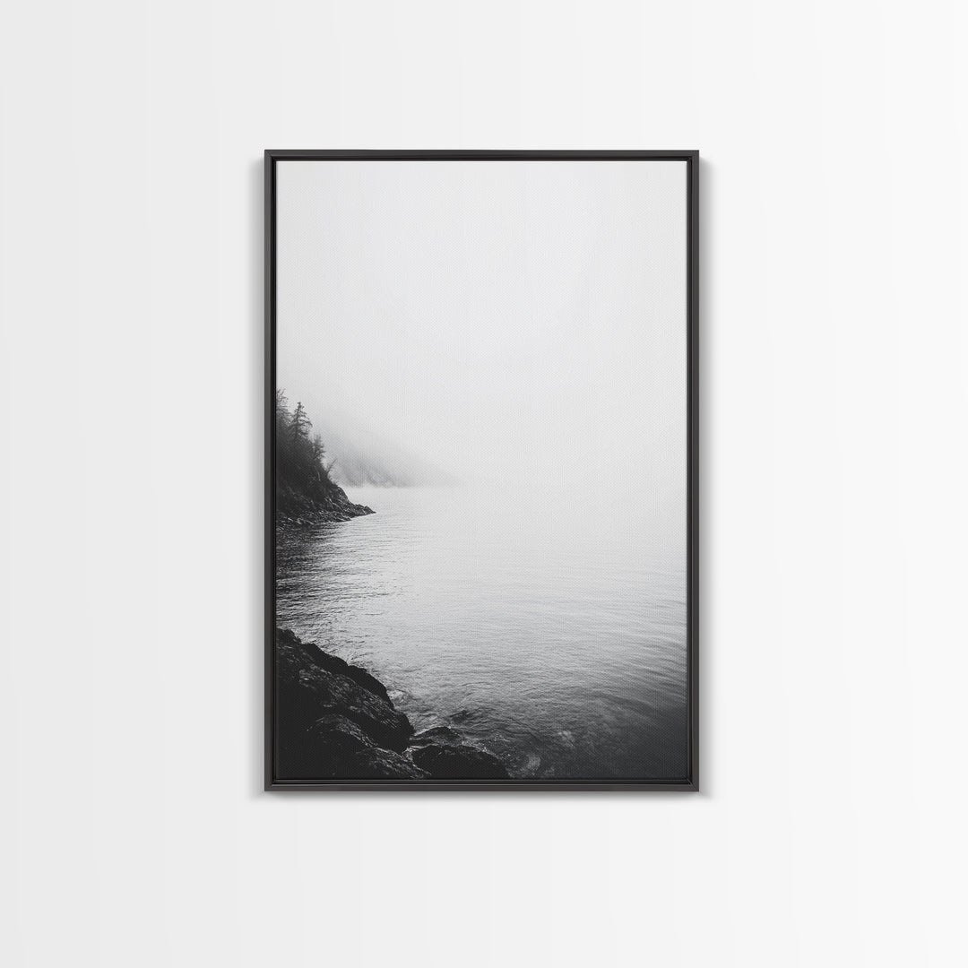 Misty Lakeshore, Foggy Forest Water, Monochrome Tranquility, Framed Canvas Print, Minimalist Art, Calm Landscape, Bedroom Wall Decor