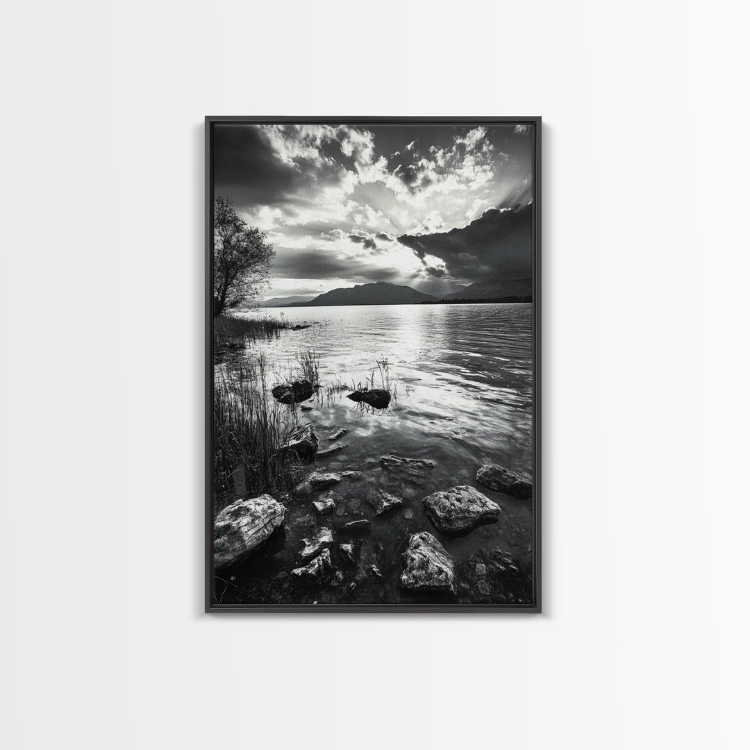 Lake Sunset View, Peaceful Mountainscape, Nature Reflection, Framed Canvas Print, Living Room Wall Art, Tranquil Scenic Landscape