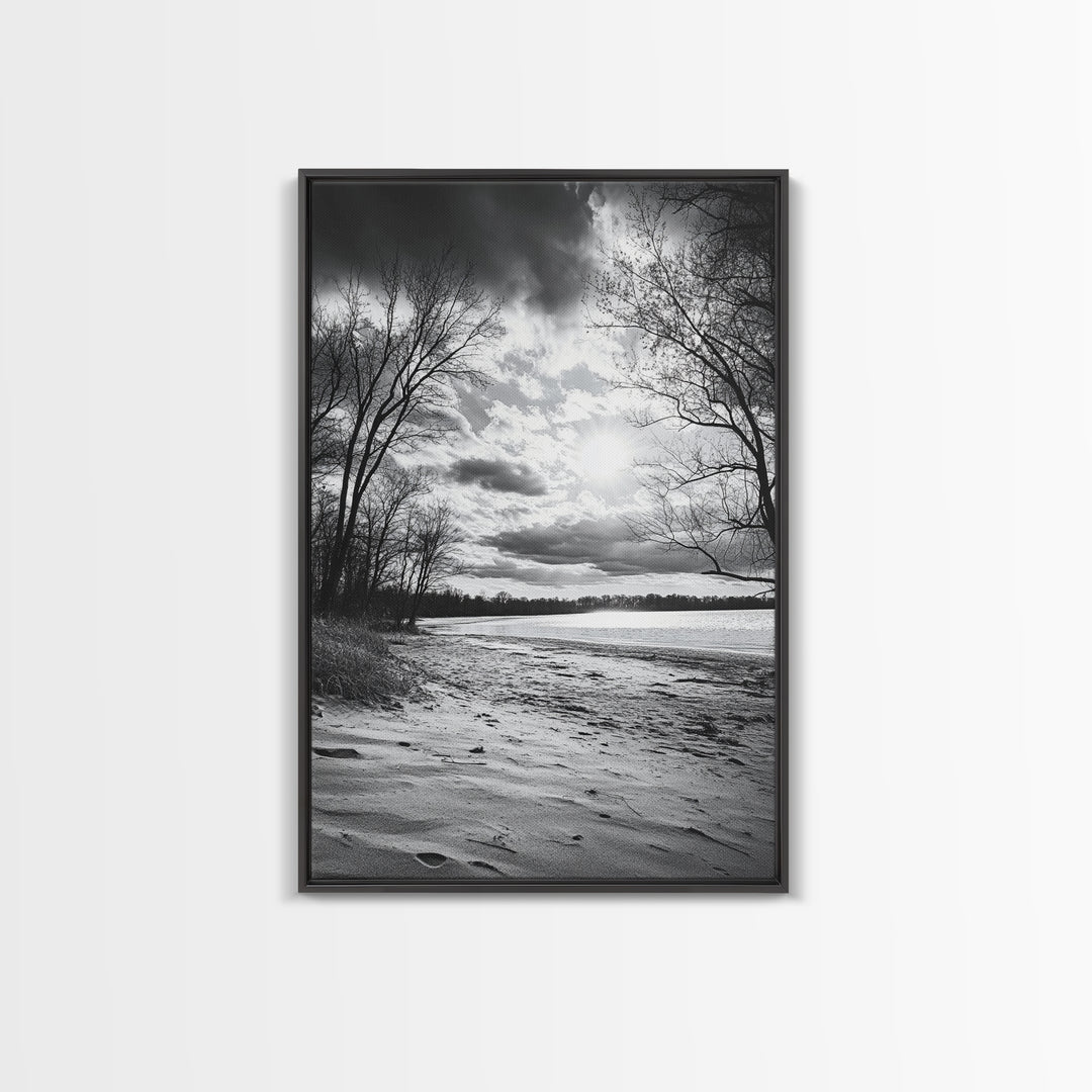Dramatic Beach Sunset, Bare Trees Silhouette, Nature Photography, Framed Canvas Print, Fall Wall Art, Entryway Decor, Rustic Minimalist