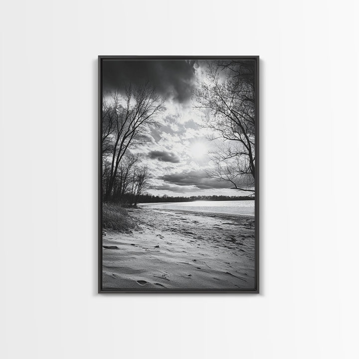 Dramatic Beach Sunset, Bare Trees Silhouette, Nature Photography, Framed Canvas Print, Fall Wall Art, Entryway Decor, Rustic Minimalist