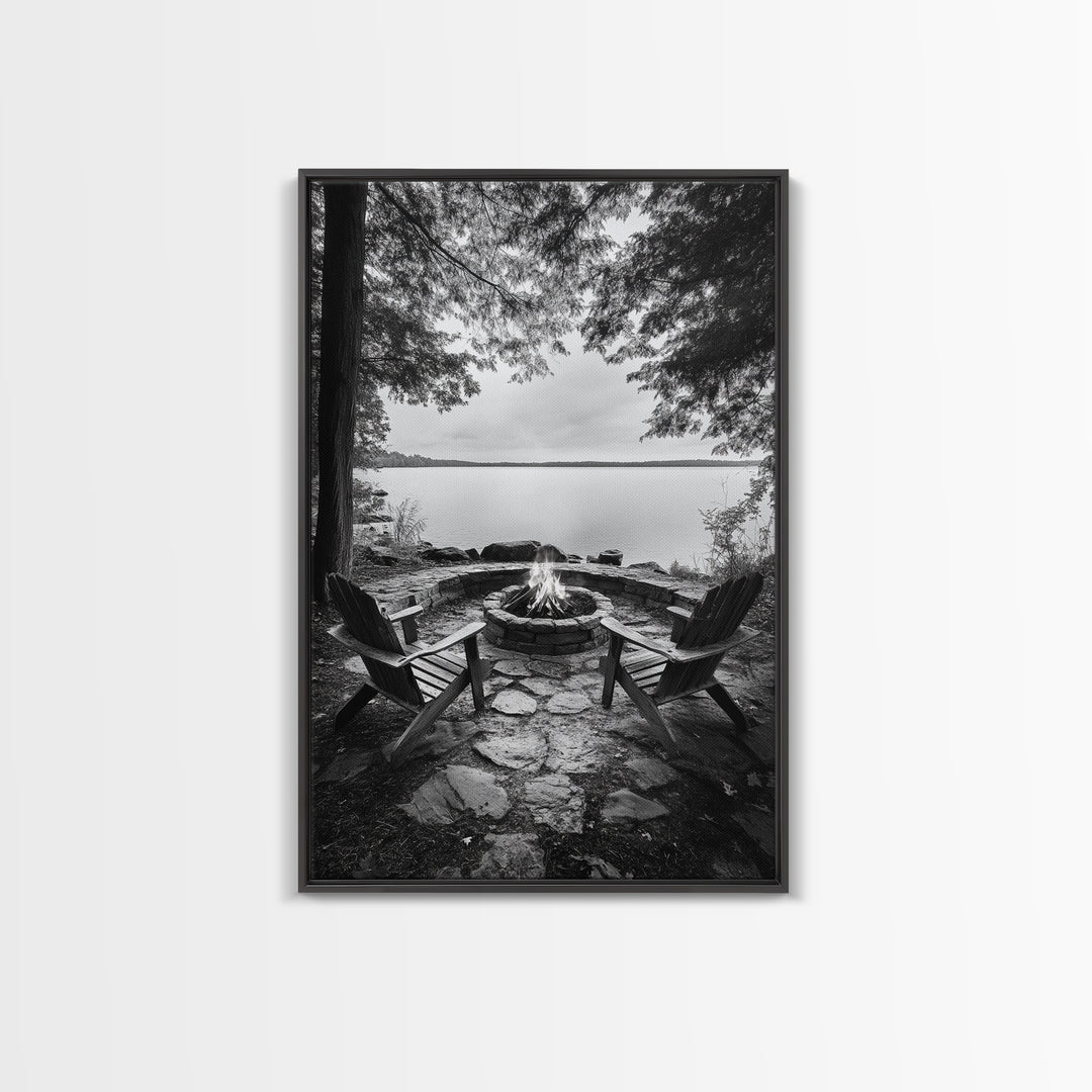 Campfire Lake Night, Adirondack Chairs, Wilderness Glow, Framed Canvas Print, Outdoor Living Wall Art, Cabin Decor, Autumn Retreat Art