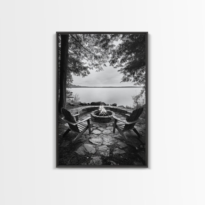 Campfire Lake Night, Adirondack Chairs, Wilderness Glow, Framed Canvas Print, Outdoor Living Wall Art, Cabin Decor, Autumn Retreat Art