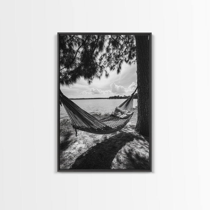 Hammock Lake View, Peaceful Retreat, Summer Breeze, Canvas Print, Boho Outdoor Art, Bedroom Relaxation Decor, Minimalist Coastal Vibe