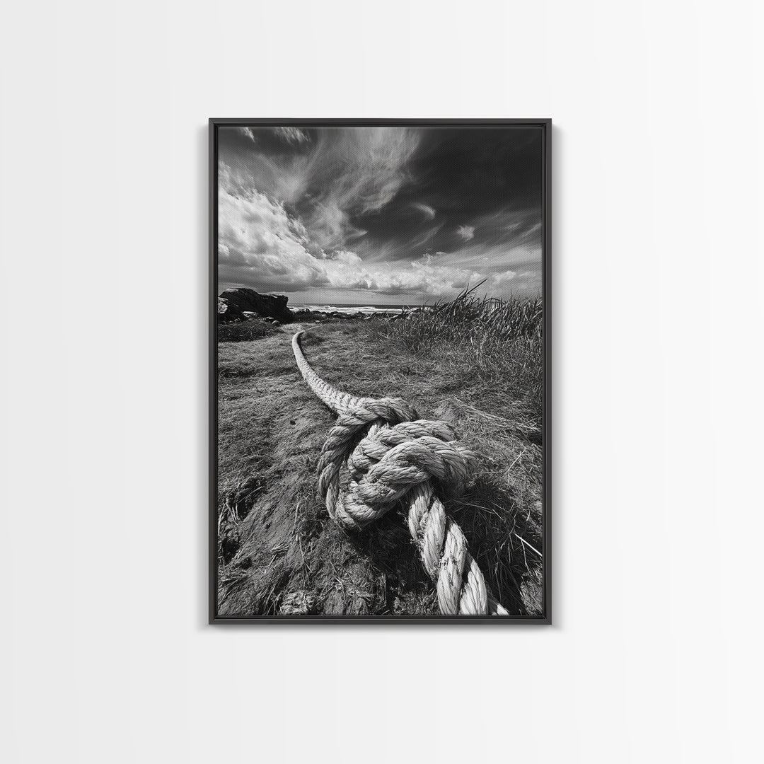 Nautical Rope Knot, Coastal Texture, Ocean Breeze, Framed Canvas Print, Beach House Wall Art, Rustic Nautical Decor, Minimalist Style