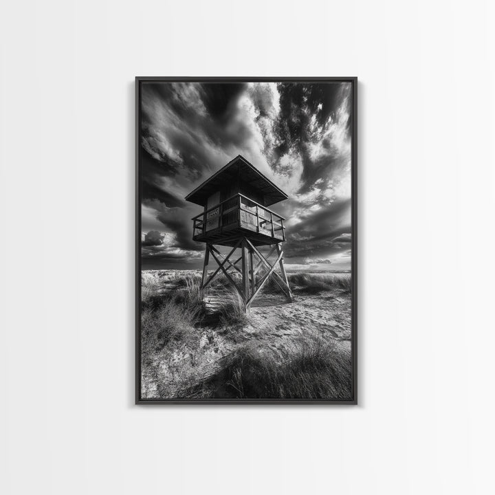 Lifeguard Tower Drama, Windy Beach Sky, Ocean Landscape, Canvas Print, Coastal Wall Art, Moody Surreal Decor, Living Room Statement Art