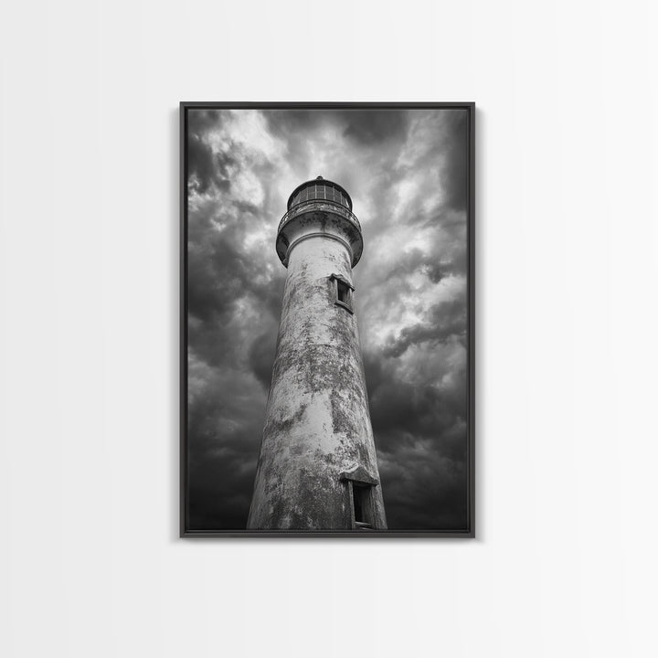 Stormy Lighthouse Closeup, Dramatic Skies, Weathered Beacon, Canvas Print, Coastal Decor, Dark Nautical Wall Art, Moody Ocean Theme