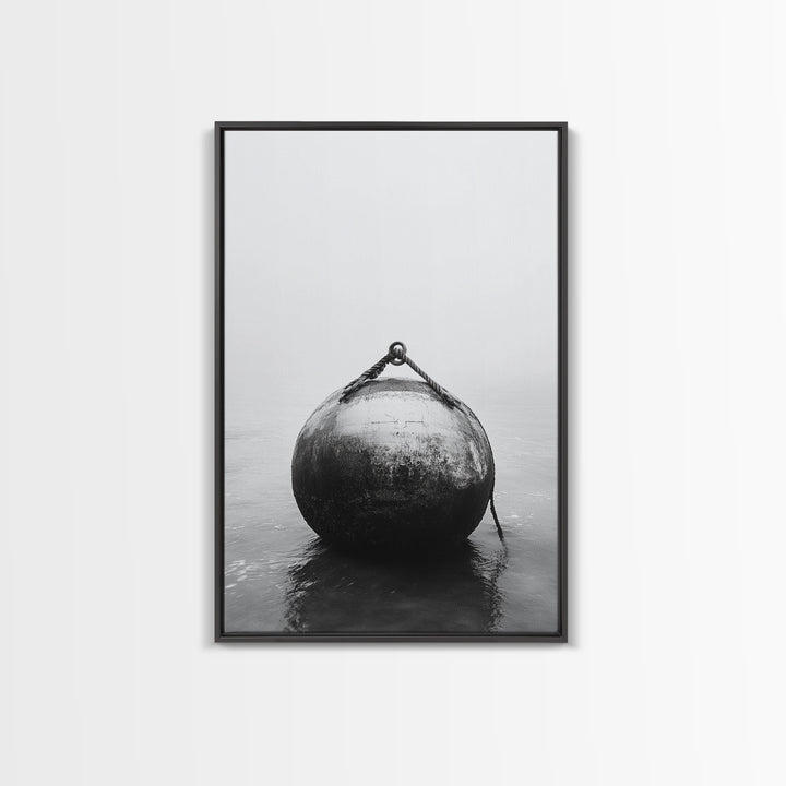 Buoy Stillness, Ocean Fog, Minimal Water, Framed Canvas Print, Nautical Wall Art, Bathroom Decor, Calm Coastal Black and White Art