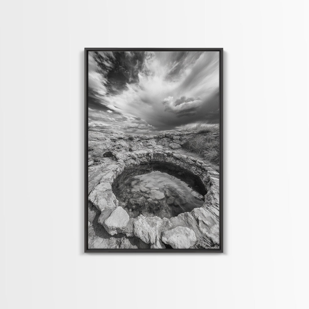 Natural Stone Pool, Sky Reflections, Framed Canvas Print, Bathroom Wall Art, Earthy Neutral Decor, Minimalist Landscape