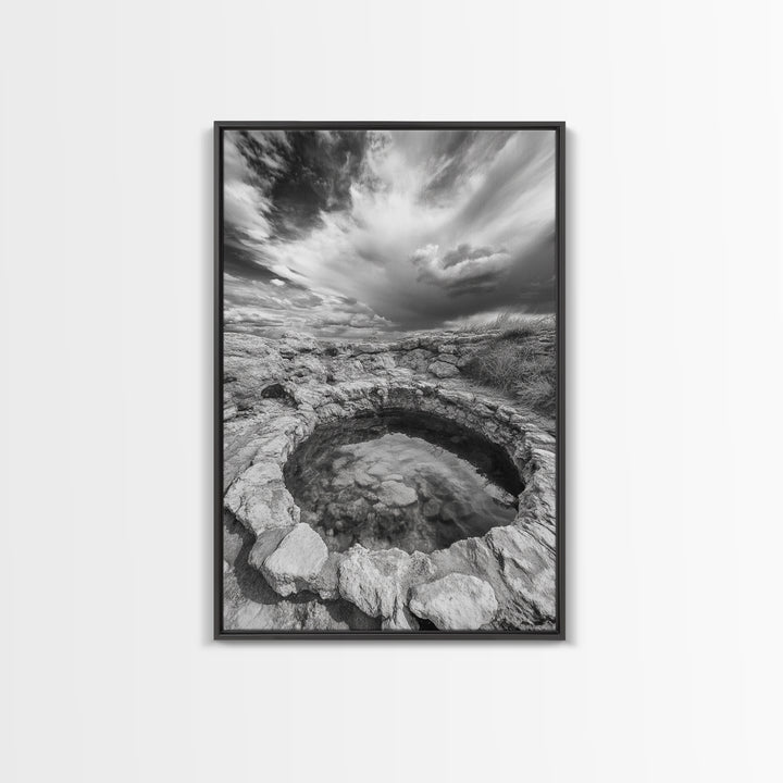 Natural Stone Pool, Sky Reflections, Framed Canvas Print, Bathroom Wall Art, Earthy Neutral Decor, Minimalist Landscape