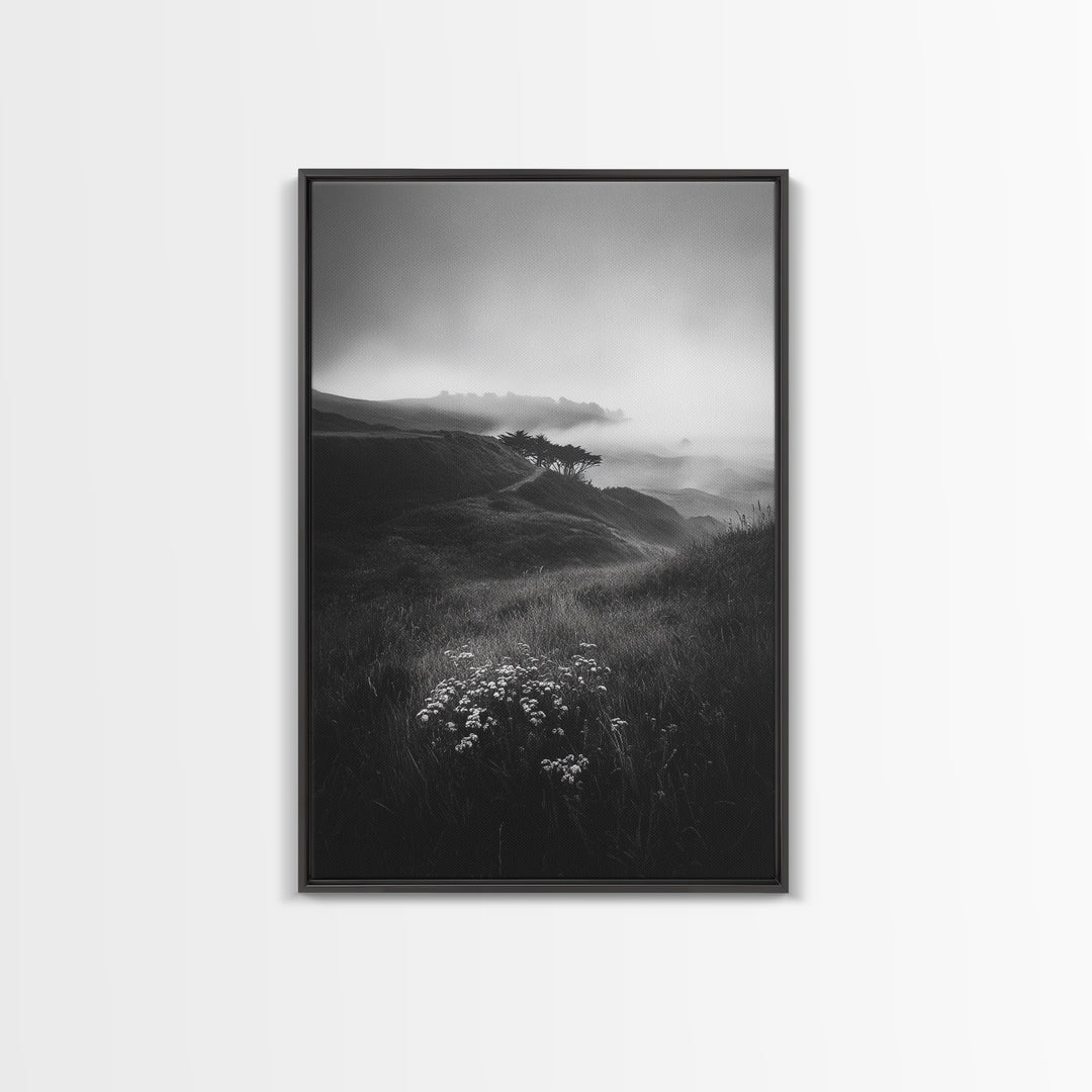 Rolling Mist Hills, Dreamy Countryside, Framed Canvas Print, Black and White Wall Art, Bedroom Calm Decor, Nature Landscape