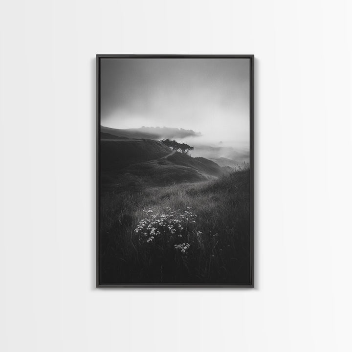 Rolling Mist Hills, Dreamy Countryside, Framed Canvas Print, Black and White Wall Art, Bedroom Calm Decor, Nature Landscape