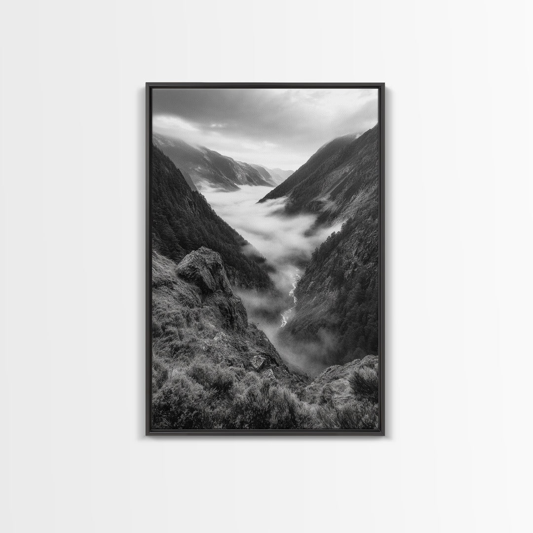 Foggy Mountain Valley, Nature Escape, Serene Wall Art, Framed Canvas Print, Adventure Photography, Cabin Autumn Decor