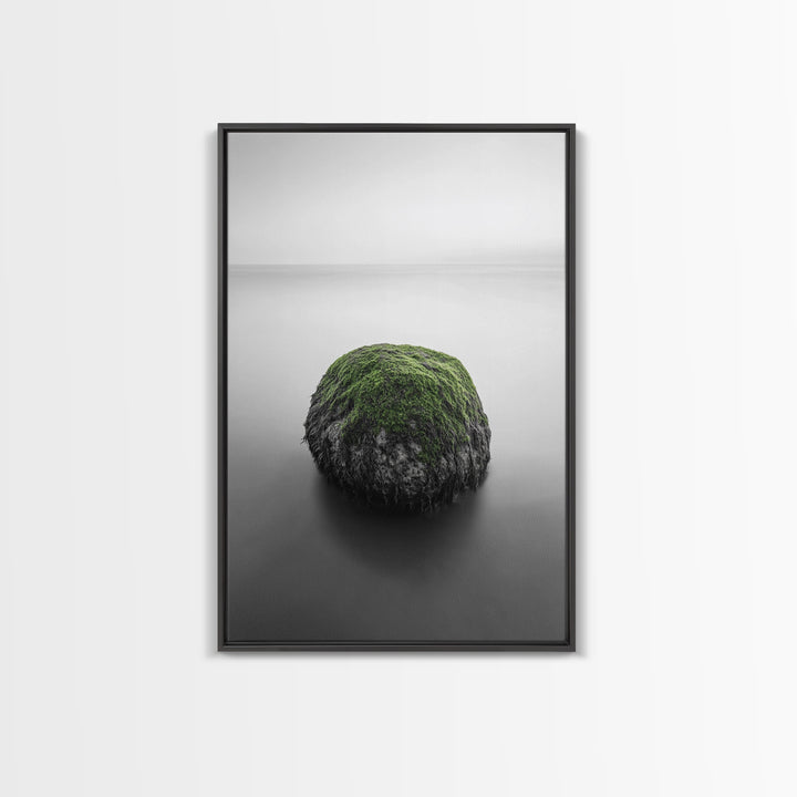 Moss Rock Minimal, Green Accent Art, Coastal Zen Decor, Framed Canvas Print, Modern Neutral Room, Nature Wall Aesthetic
