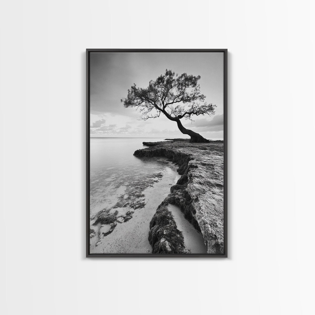 Coastal Tree Silhouette, Serene Nature Art, Ocean Wall Scene, Framed Canvas Print, Beach House Decor, Minimalist Design