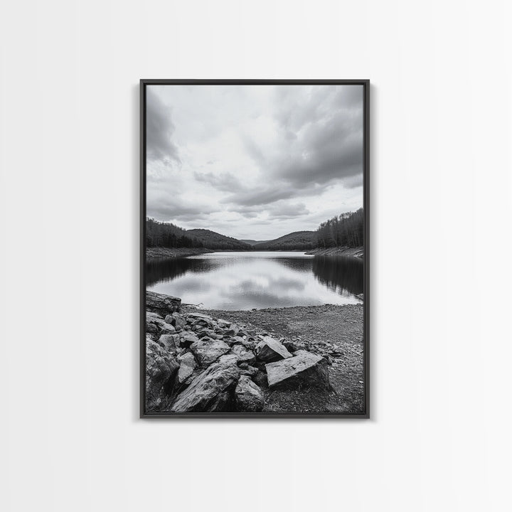 Misty Lake View, Peaceful Reflections, Nature Tranquility, Framed Canvas Print, Bedroom Wall Art, Black and White Landscape, Minimalist Art