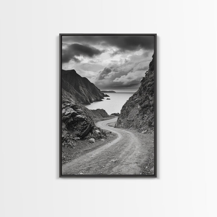 Coastal Road Curve, Rugged Cliff Path, Dramatic Seascape, Canvas Print, Office Wall Art, Monochrome Nature Art, Rustic Home Decor