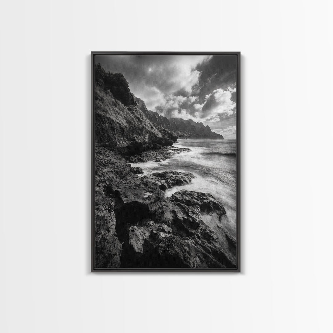 Coastal Cliffs, Ocean Horizon, Wild Waves, Framed Canvas Print, Bathroom Wall Art, Black and White Seascape, Coastal Decor, Moody Art