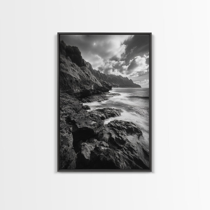 Coastal Cliffs, Ocean Horizon, Wild Waves, Framed Canvas Print, Bathroom Wall Art, Black and White Seascape, Coastal Decor, Moody Art