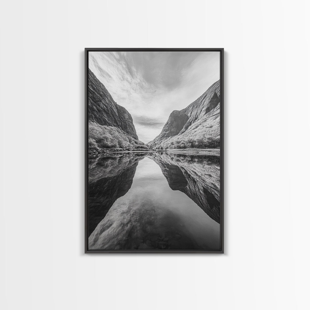 Fjord Reflection, Mountain Valley Calm, Mirror Lake, Canvas Print, Hallway Wall Art, Scandinavian Style Art, Black and White Minimalist