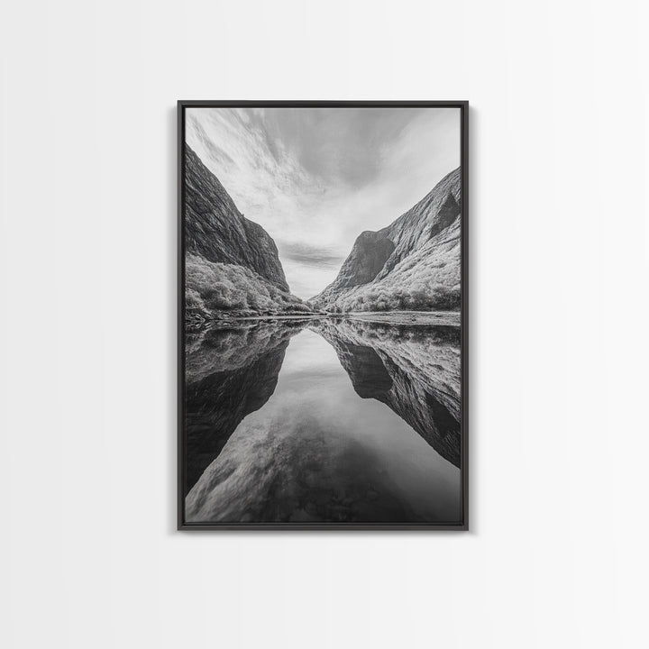 Fjord Reflection, Mountain Valley Calm, Mirror Lake, Canvas Print, Hallway Wall Art, Scandinavian Style Art, Black and White Minimalist