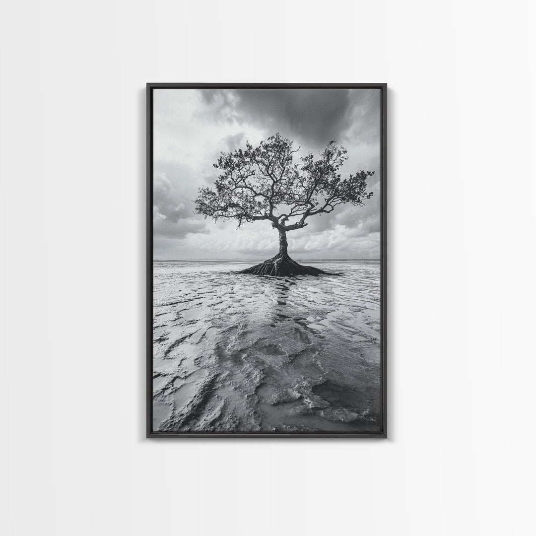 Lonely Tree, Coastal Roots, Ocean Breeze, Framed Canvas Print, Entryway Wall Art, Moody Nature Photography, Minimalist Earth Tones
