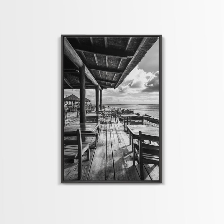 Seaside Café, Coastal Patio, Ocean View, Canvas Print, Rustic Kitchen Wall Art, Tropical Dining Decor, Travel Lifestyle Art