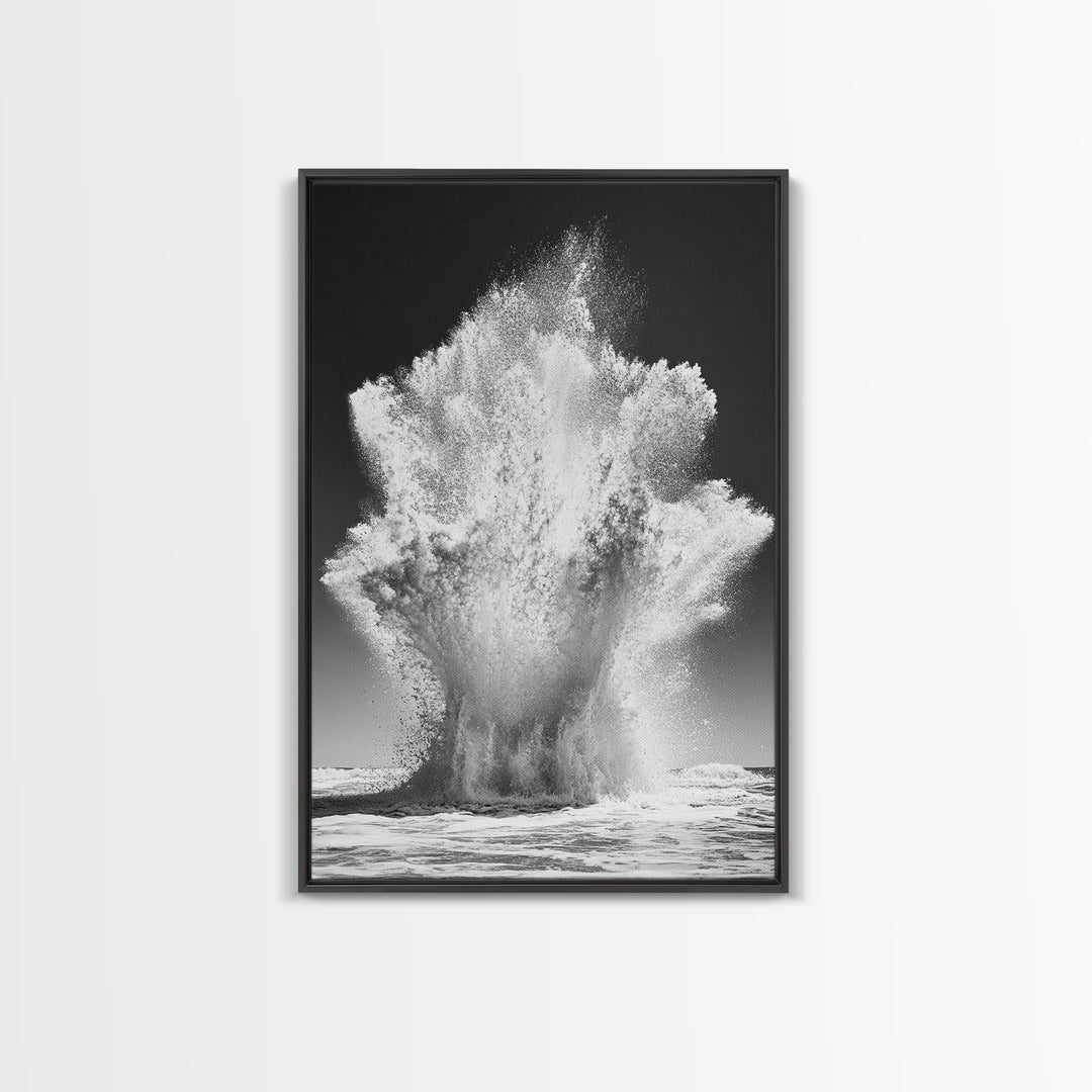 Ocean Splash, Water Explosion, Sea Power, Canvas Print, Bathroom Wall Art, Black and White Abstract Art, Coastal Modern Decor