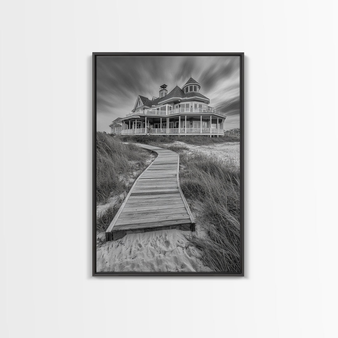 Beach House, Boardwalk Path, Coastal Architecture, Framed Canvas Print, Hallway Wall Art, Neutral Tones, Minimalist Coastal Style