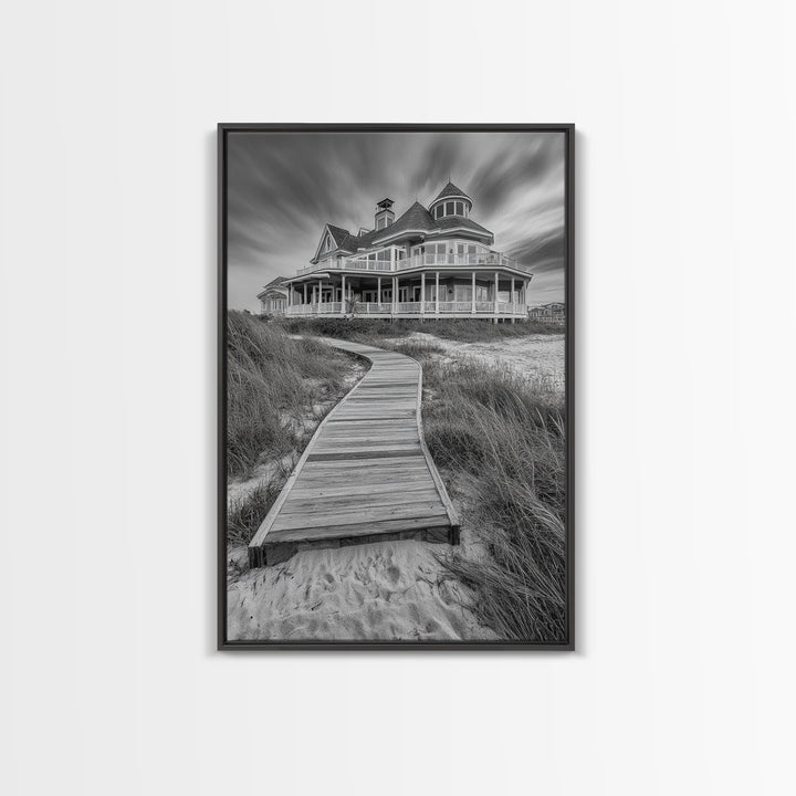 Beach House, Boardwalk Path, Coastal Architecture, Framed Canvas Print, Hallway Wall Art, Neutral Tones, Minimalist Coastal Style