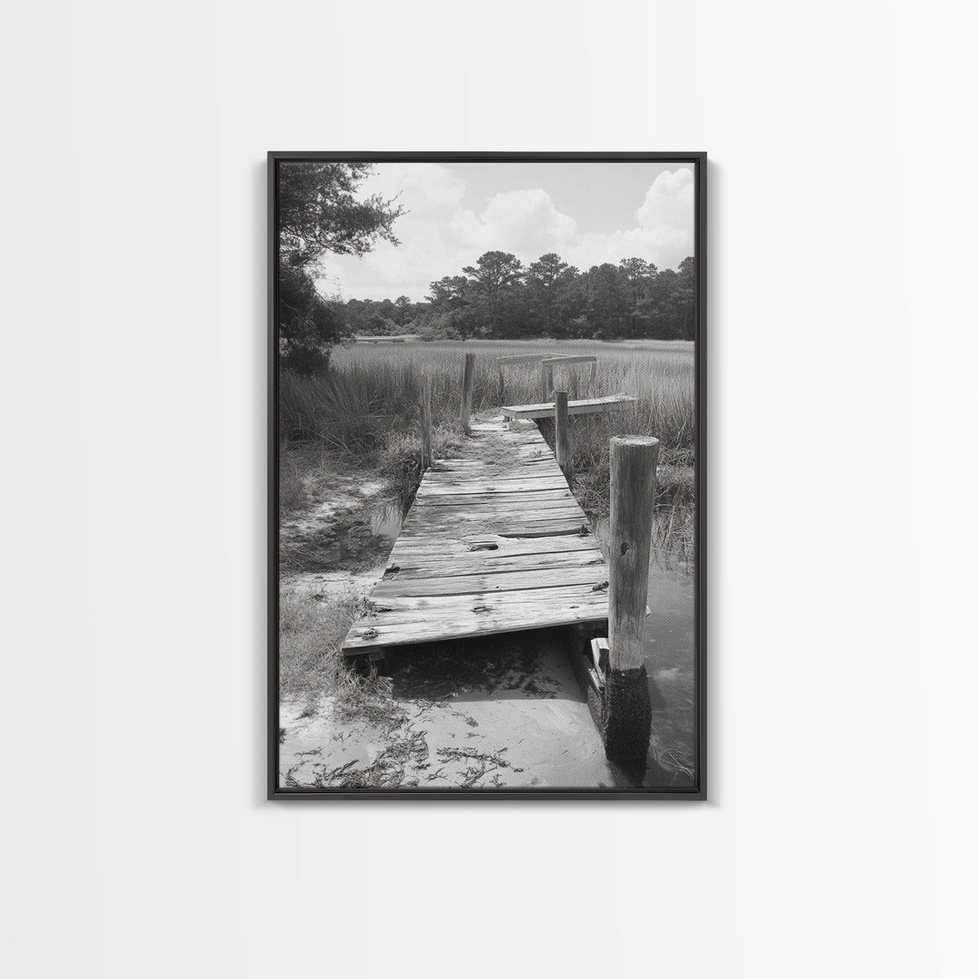 Marsh Dock, Southern Nature, Weathered Pier, Framed Canvas Print, Guest Room Wall Art, Rural Landscape, Fall Wall Art, Country Style