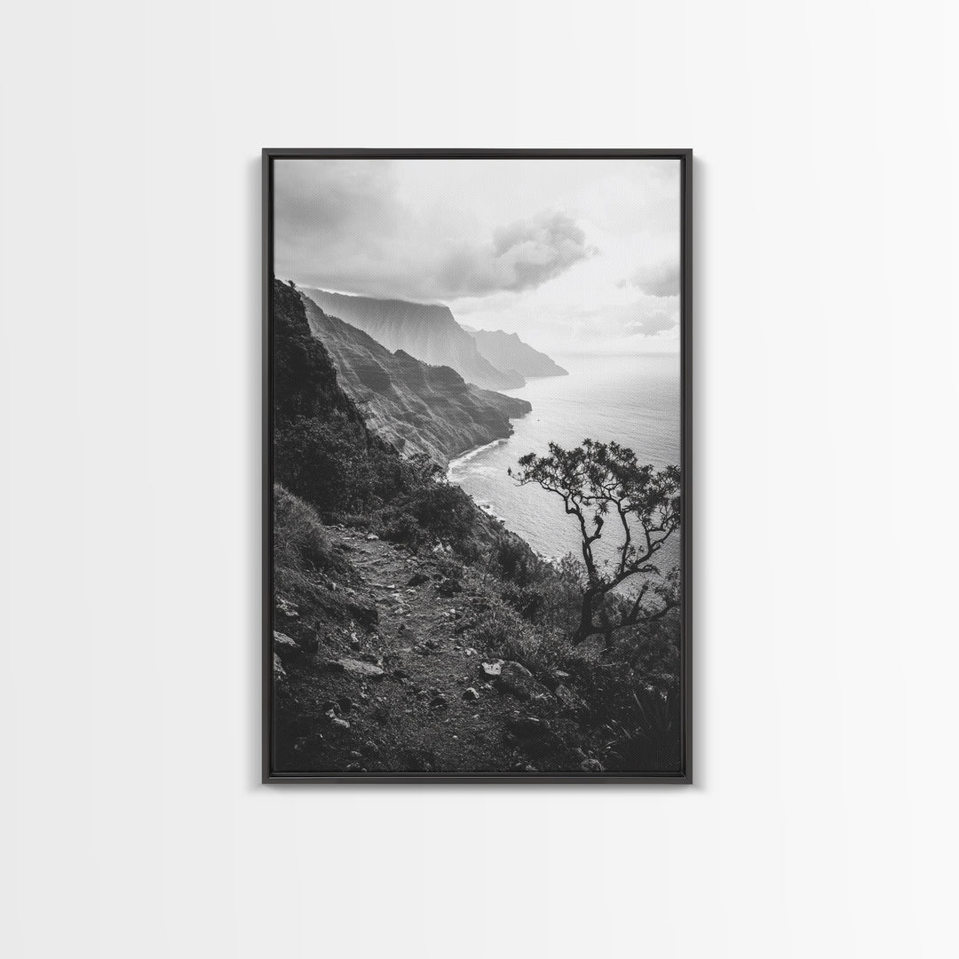 Coastal Cliff, Ocean Horizon, Hiking Trail, Framed Canvas Print, Nature Photography, Boho Wall Art, Living Room Decor, Minimalist Earth Tones