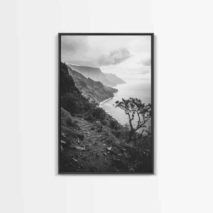 Coastal Cliff, Ocean Horizon, Hiking Trail, Framed Canvas Print, Nature Photography, Boho Wall Art, Living Room Decor, Minimalist Earth Tones