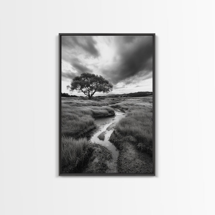Solitary Tree, Storm Sky, Tranquil Meadow, Nature Landscape, Framed Canvas Print, Rustic Decor, Fall Wall Art, Bedroom Minimalist Art