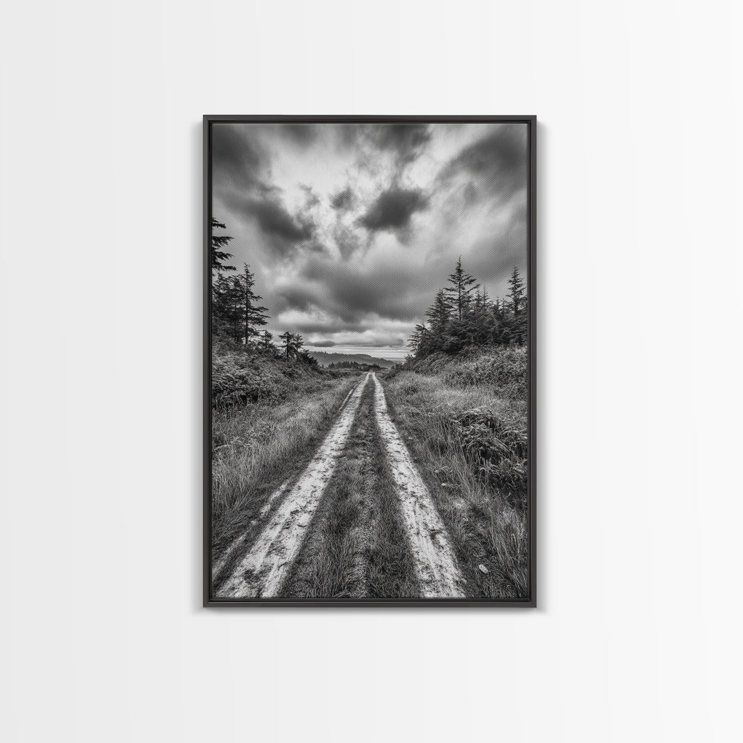 Forest Trail, Overcast Sky, Nature Pathway, Moody Landscape, Framed Canvas Print, Office Wall Art, Woodland Autumn Decor