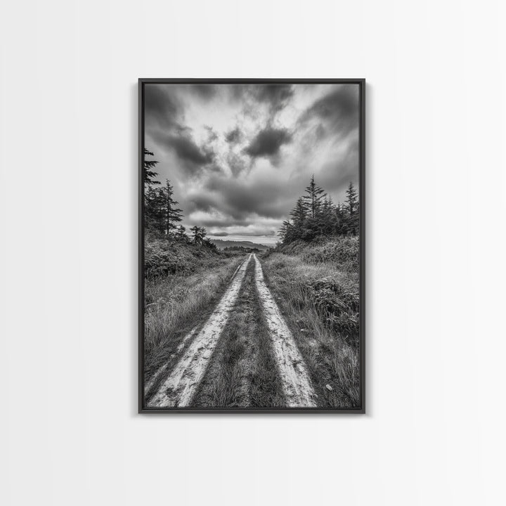 Forest Trail, Overcast Sky, Nature Pathway, Moody Landscape, Framed Canvas Print, Office Wall Art, Woodland Autumn Decor