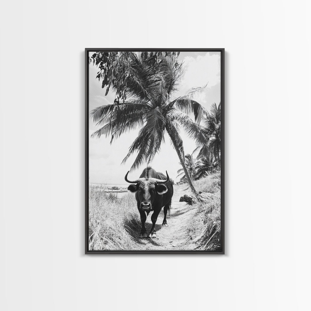 Tropical Bull, Palm Tree, Island Wildlife, Rural Photography, Framed Canvas Print, Kitchen Wall Art, Exotic Boho Decor, farmhouse decor