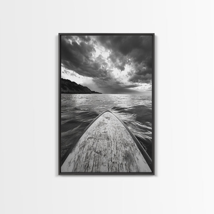 Stormy Sea, Paddle Board, Dramatic Sky, Ocean Adventure, Framed Canvas Print, Den Wall Art, Nautical Minimalist Decor, bedroom wall art