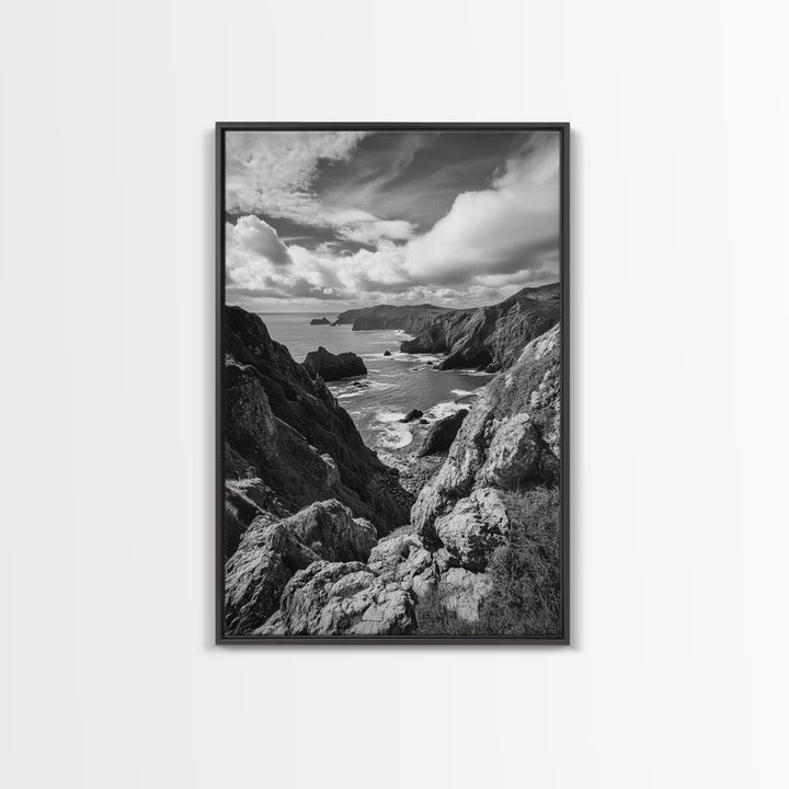 Rugged Cliffs, Ocean View, Coastal Escape, Framed Canvas Print, black and white coastal art, beach house wall decor, moody ocean print