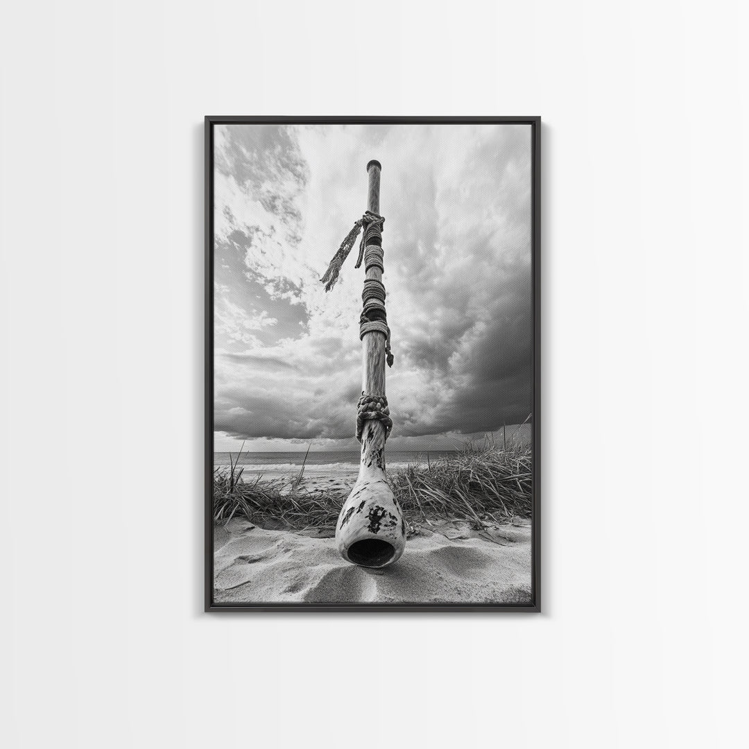 Coastal Totem, Beach Symbol, Stormy Horizon, Framed Canvas Print, nautical art, entryway decor, tribal coastal artwork, Modern Loft Decor