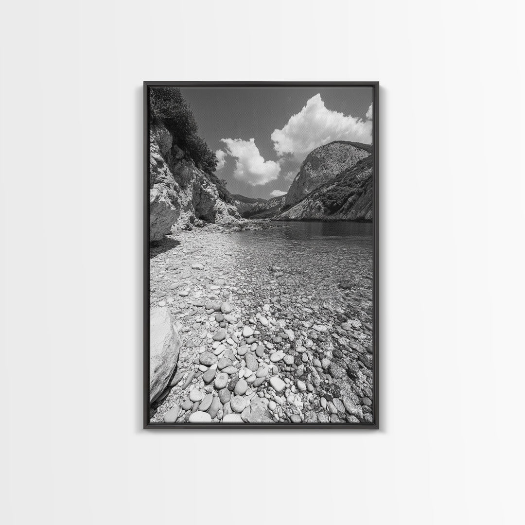 Rocky Beach, Crystal Water, Mountain Backdrop, Framed Canvas Print, tranquil lake art, minimalist decor, natural wall art