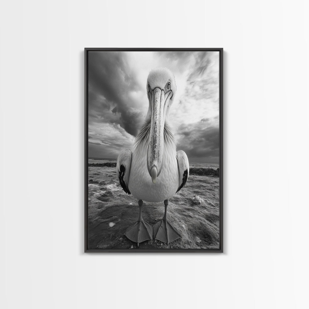 Bold Pelican, Coastal Storm, Bird Portrait, Canvas Print, wildlife wall art, beach house decor, dramatic black and white animal art