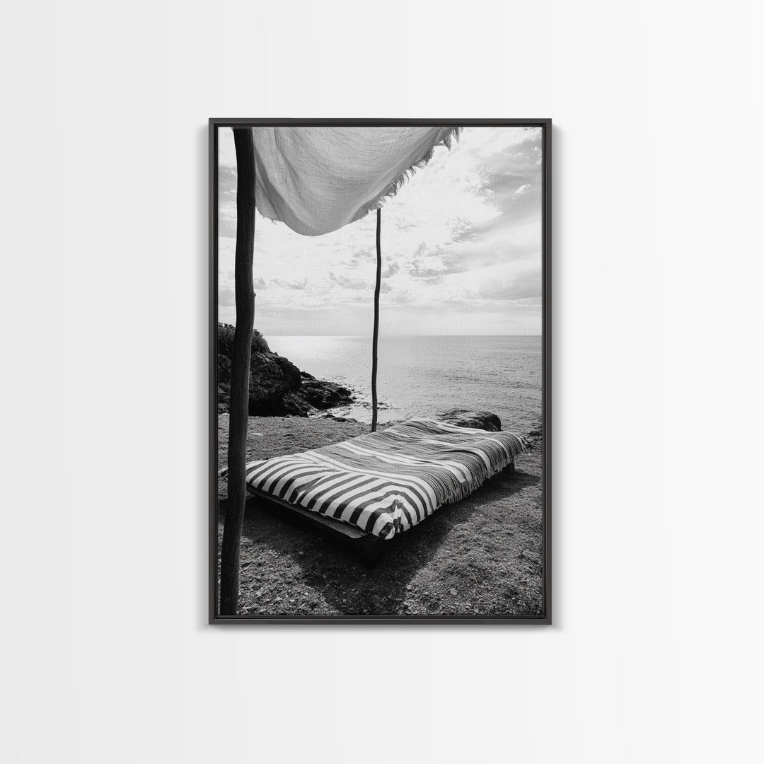 Seaside Nap, Minimal Daybed, Coastal Shade, Serene Moment, Canvas Print, Beach Bedroom Decor, Boho Seaside Art, Coastal Wall Style