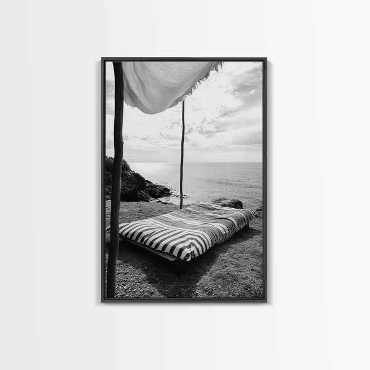 Seaside Nap, Minimal Daybed, Coastal Shade, Serene Moment, Canvas Print, Beach Bedroom Decor, Boho Seaside Art, Coastal Wall Style