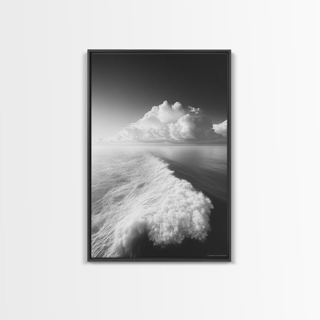 Ocean Wake, Cloud Horizon, Surreal Seascape, Framed Canvas Print, Dreamy Black White Wall Art, Bathroom Decor, Coastal Fantasy Art