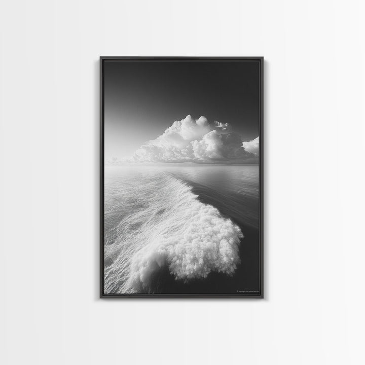 Ocean Wake, Cloud Horizon, Surreal Seascape, Framed Canvas Print, Dreamy Black White Wall Art, Bathroom Decor, Coastal Fantasy Art