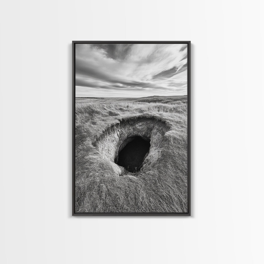 Burrow Entrance, Hidden Hole, Grassland Tunnel, Canvas Print, Nature Wall Art, Living Room Decor, Black White Landscape Photography