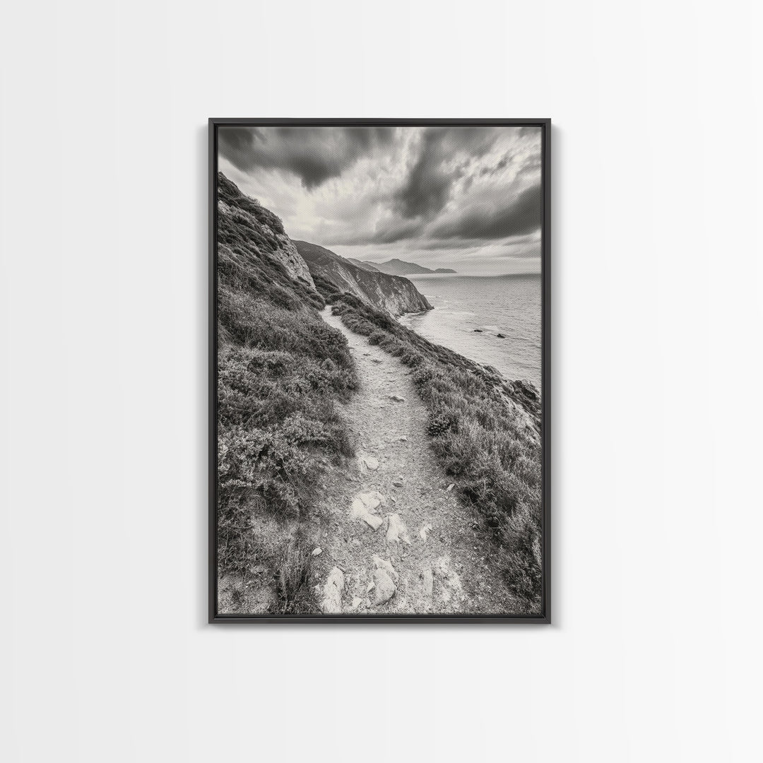 Cliffside Path, Coastal Trail, Ocean Escape, Canvas Print, Moody Landscape Wall Art, Living Room Decor, Adventure Travel Aesthetic