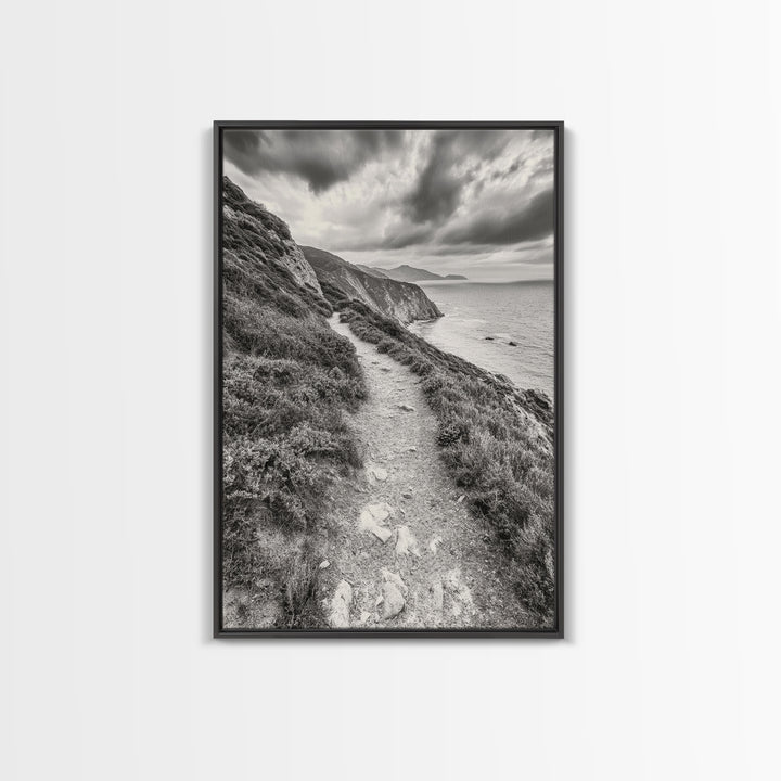 Cliffside Path, Coastal Trail, Ocean Escape, Canvas Print, Moody Landscape Wall Art, Living Room Decor, Adventure Travel Aesthetic